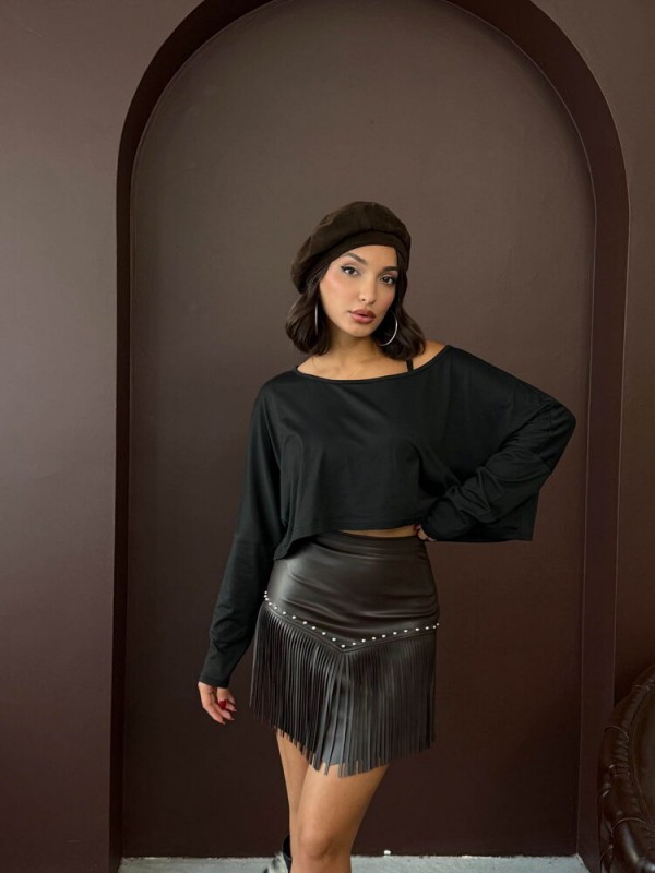 Western Tarz Püsküllü Mini Deri Etek - MÜRDÜM | F2041